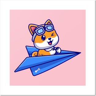 Cute Shiba Inu Dog Pilot Driving Paper Plane Cartoon Posters and Art